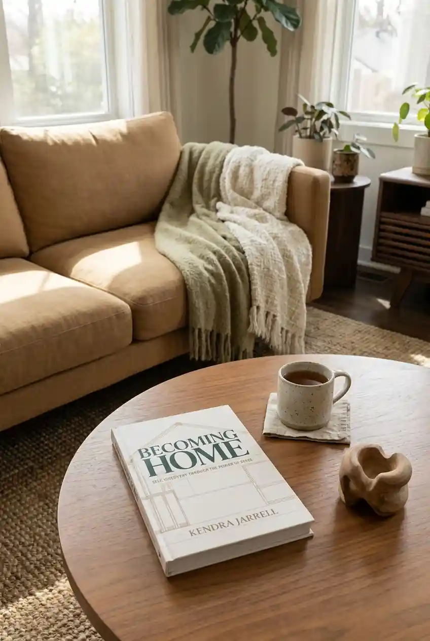 Becoming Home book by Kendra Jarrell resting on a coffee table