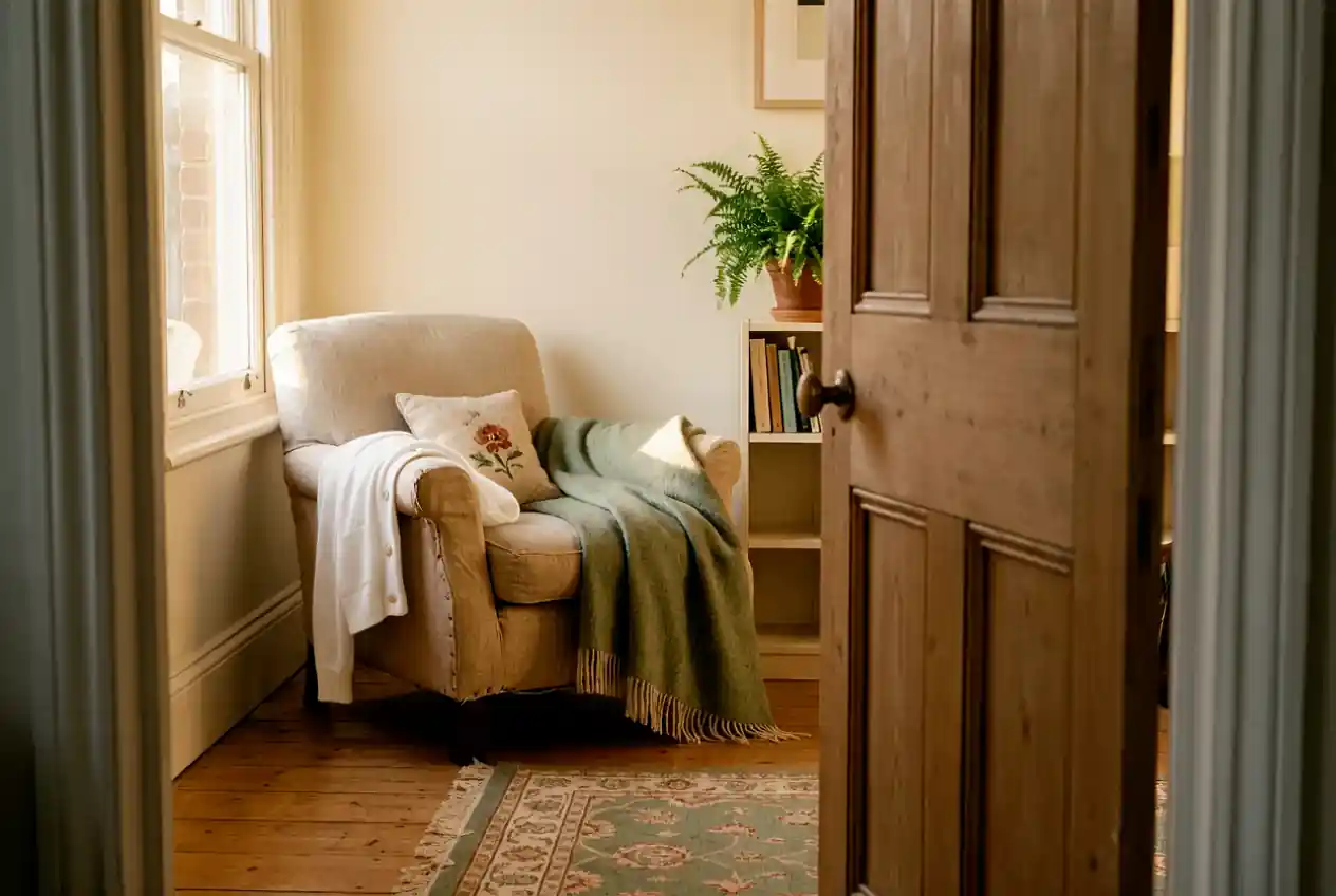 View through a half-open doorway into a calm spare room with an armchair by the window in autumn afternoon light