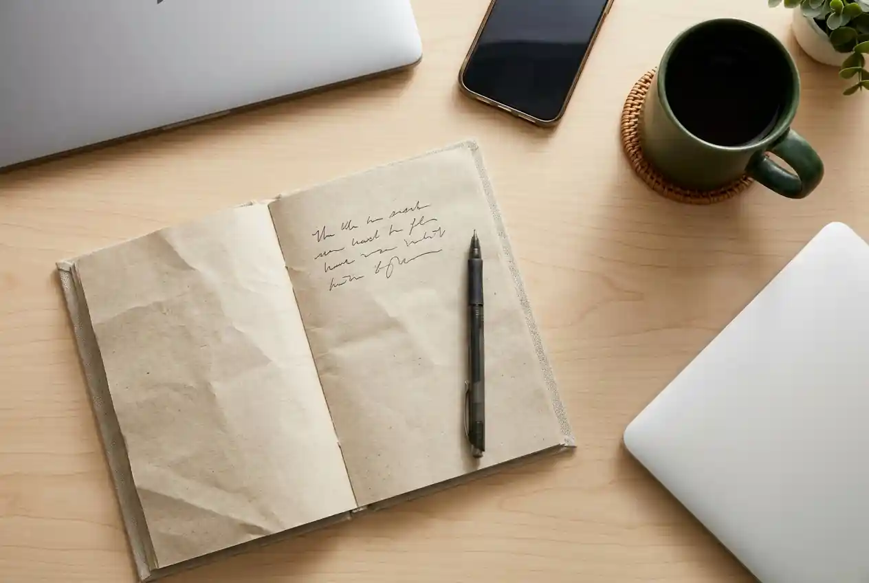 Overhead view of a tidy desk with an open notebook, pen, phone face-down, mug, and laptop in morning light