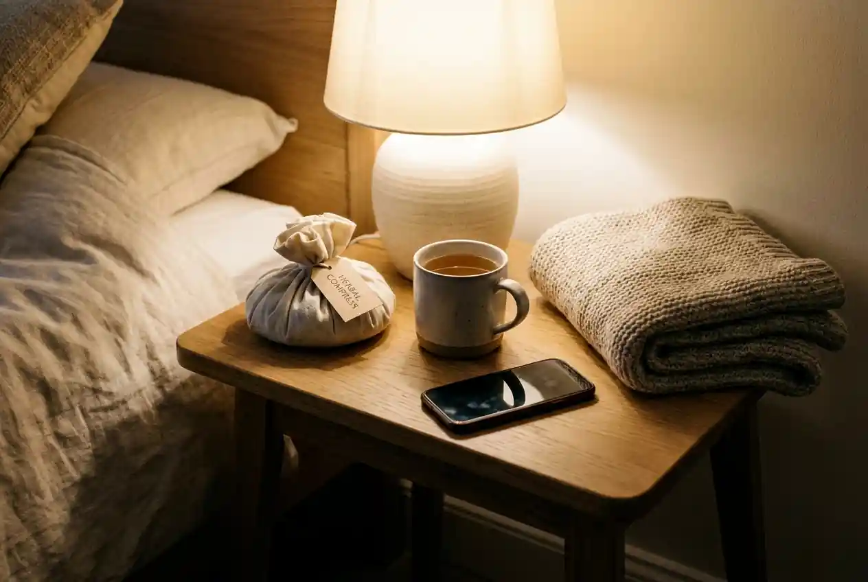 A small side table at home holding a warm compress, a mug of tea, a phone face-down, and a folded blanket in soft evening lamplight