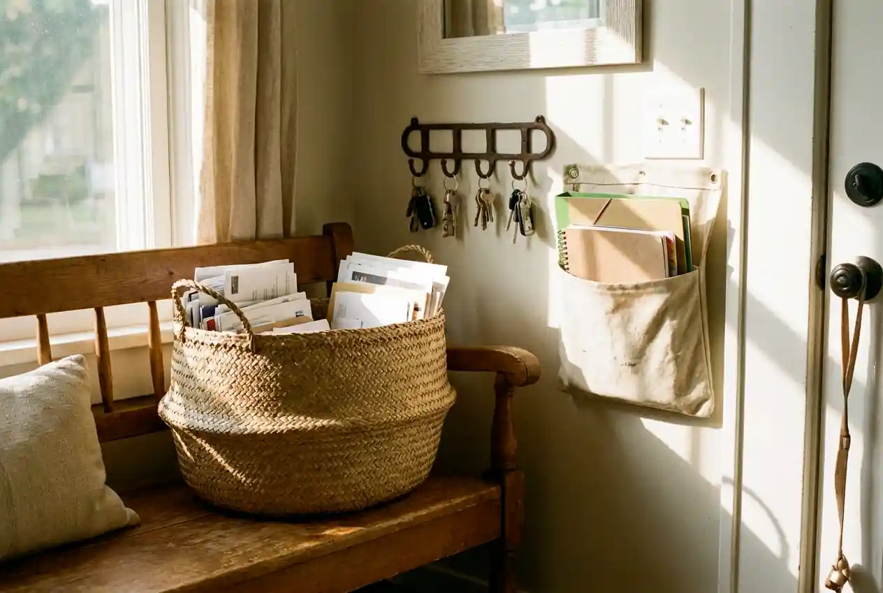 A tidy lived-in entryway with a woven basket holding sorted mail, keys on a hook, and a wall pocket in warm morning light